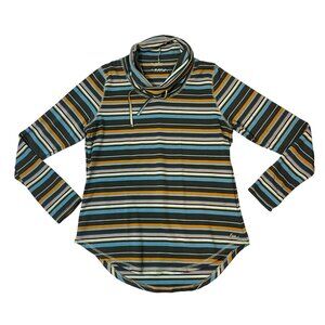 Kavu Shirt women's L blue green striped cowl neck pullover long sleeve